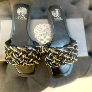 Vince Camuto, size 9, black and gold flats